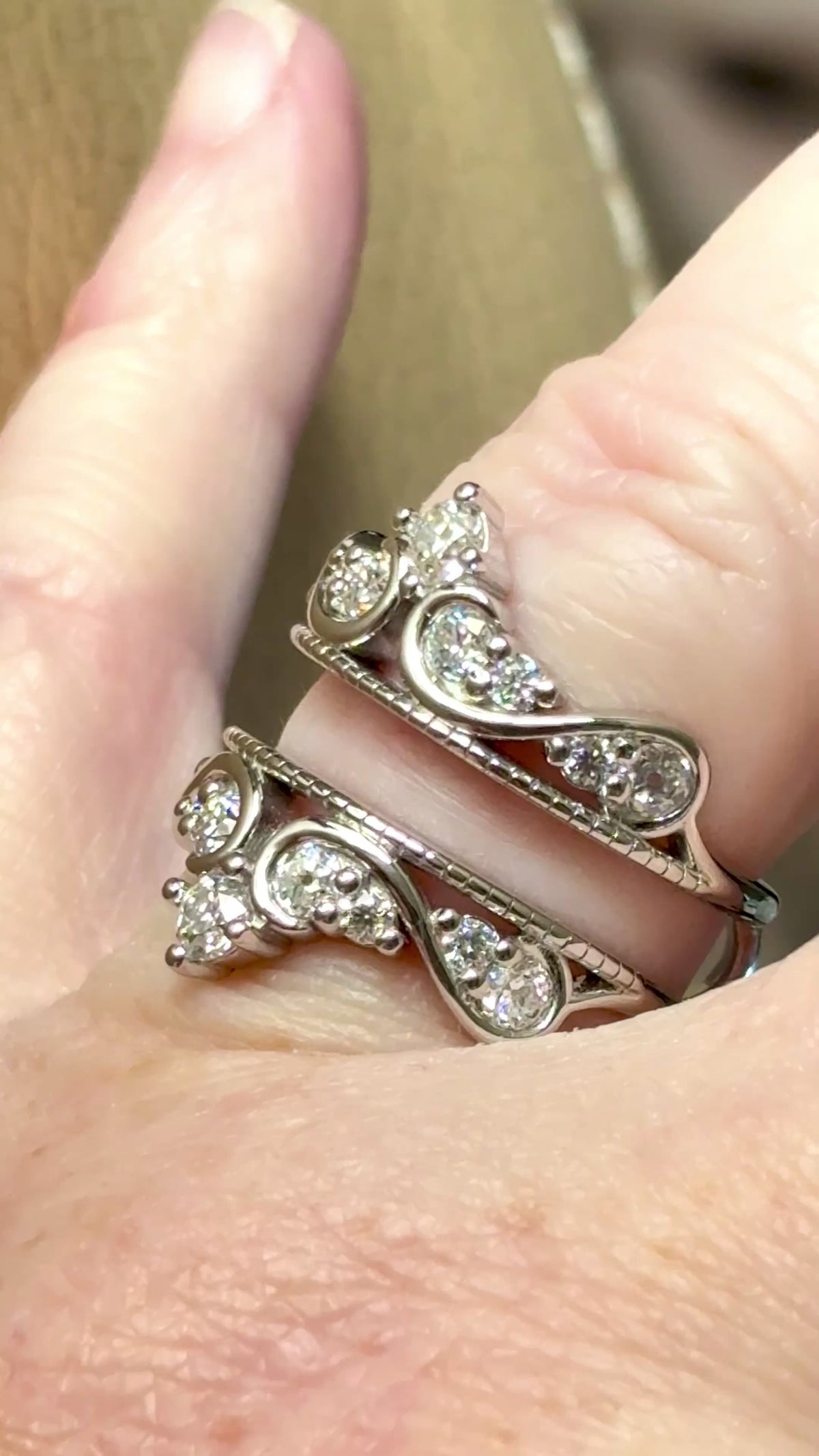 A 2.24ctw antique inspired Moissanite ring guard with old European cut and round cut Moissanites, in Argentium silver!