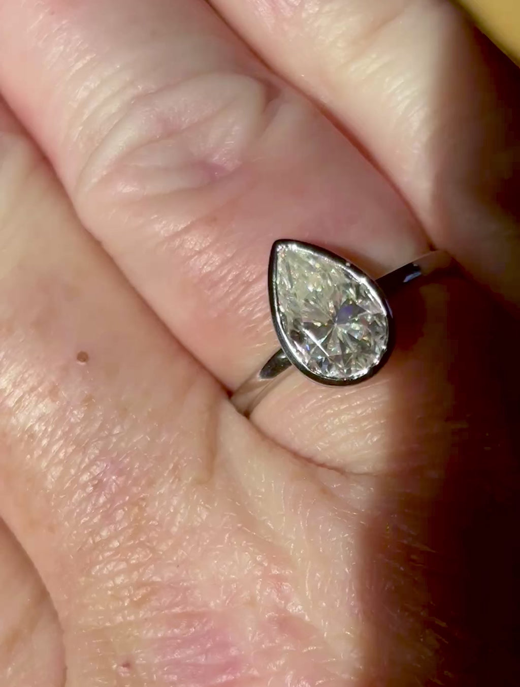 Moissanite ring. A certified 3ct pear in a hybrid basket + bezel of 925 sterling or 935 Argentium silver! A Hand Knotted Jewelry EXCLUSIVE!