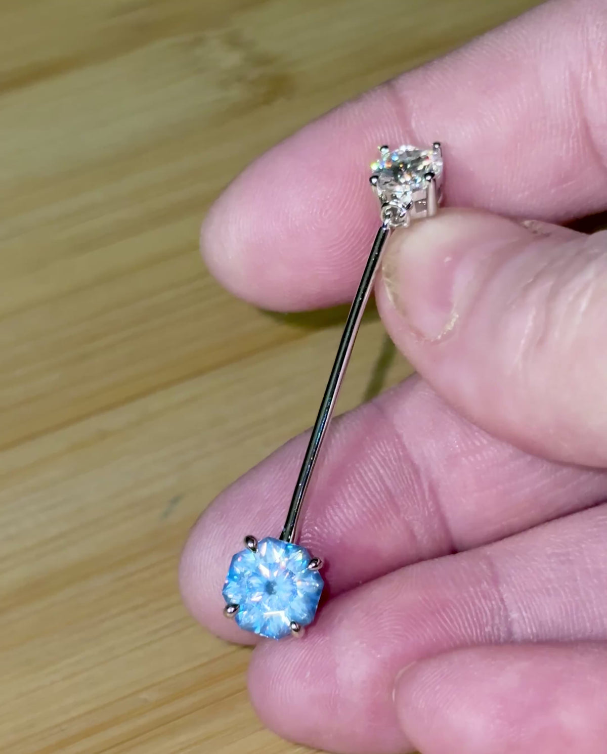 8ctw Moissanite pendulum earrings, with 3ct octagonal frosty aquamarine Moissanites at the bottom of the pendulum, and 1ct white round brilliant Moissanites at the top! Full Argentium silver construction with sterling silver disk backs! An HKJ exclusive!