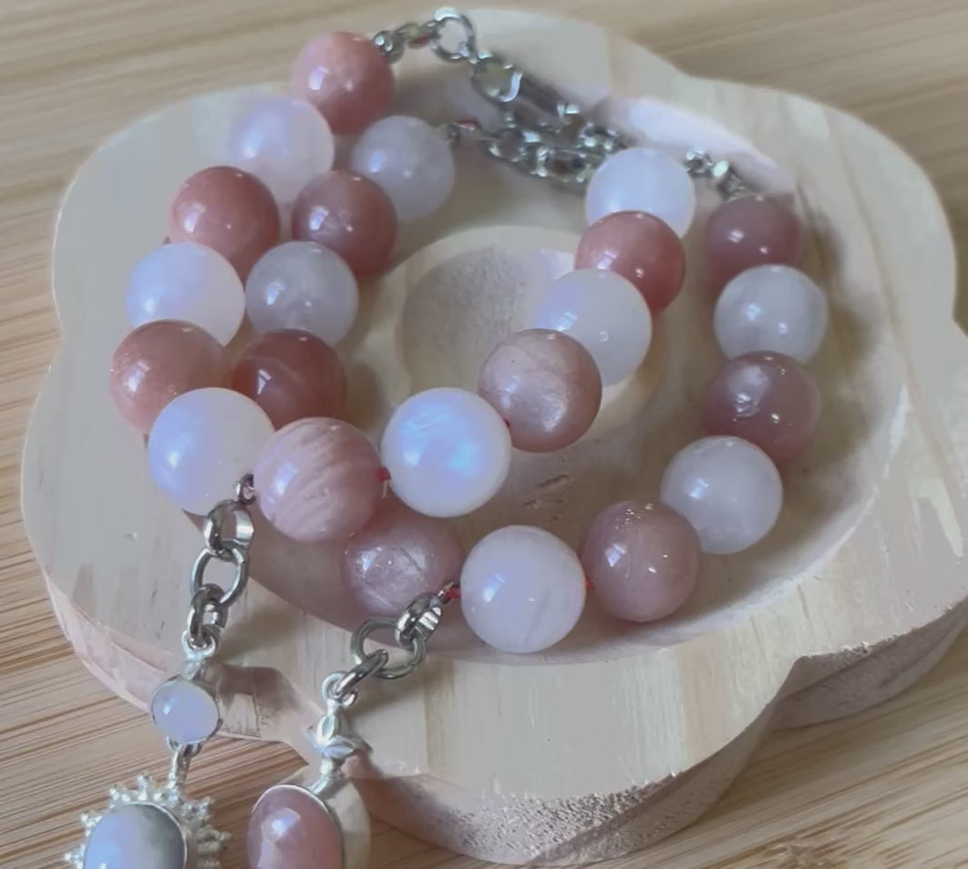 Rainbow moonstone and peach moonstone bracelet, high quality 12mm moonstones and OPTIONAL solid sterling silver moonstone pendant!