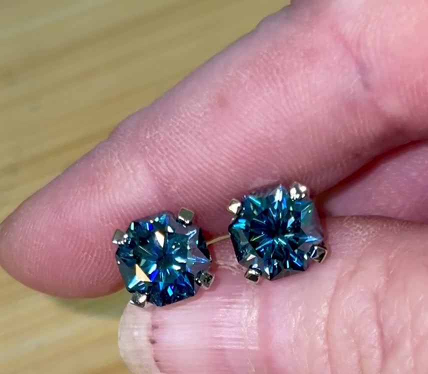 A *PHENOMENAL* 2.4cttw or 6cttw DOUBLE certified pair of octagonal-cut, star-faceted, royal blue Moissanite studs in 935 Argentium silver!