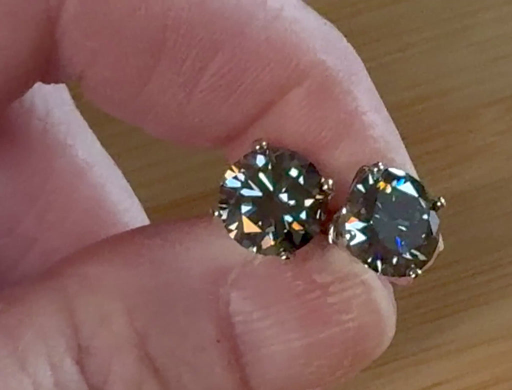 Moissanite studs. An incredible 2ctw or 6ctw pair of GRAY, DOUBLE certified round brilliant Moissanites in sterling silver and 18k!