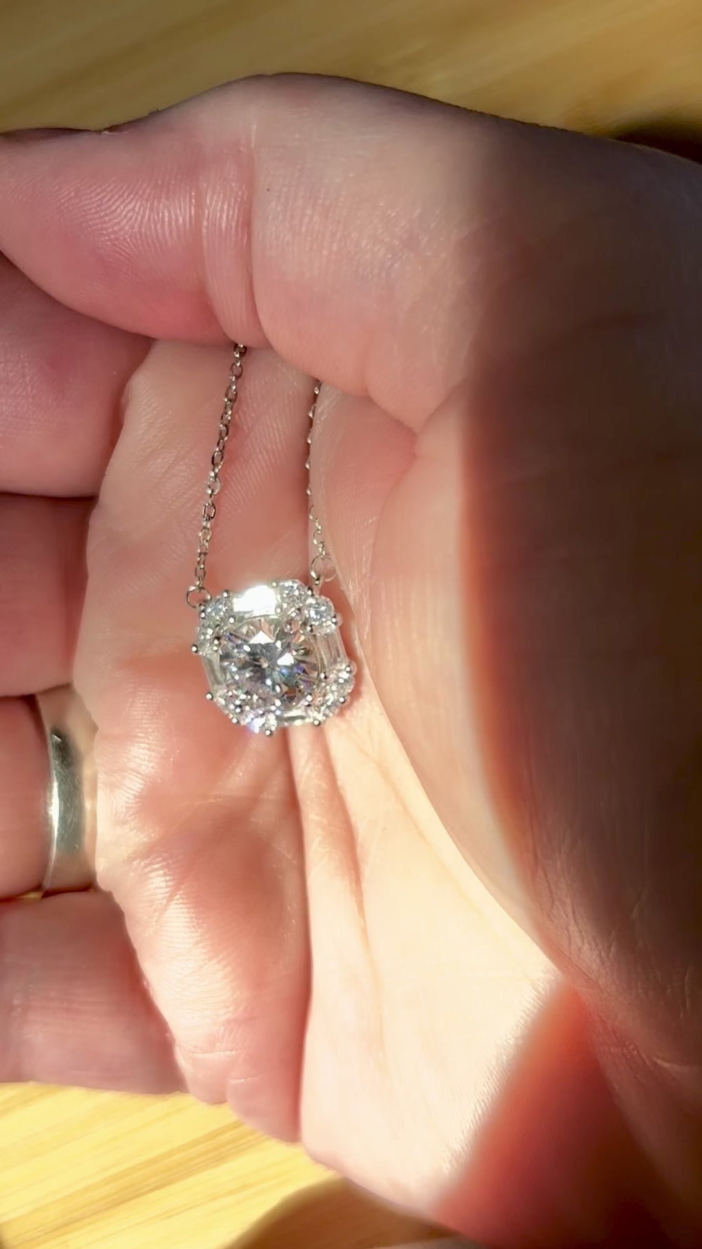 Moissanite necklace. A FIERY certified 3ct “8 hearts, 8 arrows” Moissanite in a super flashy geometric zircon halo, for a 4cttw necklace!