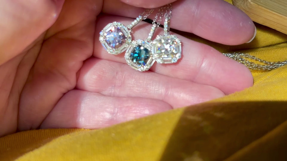 Moissanite necklace. A certified 2.5ct white, deep blue or purple cushion-cut Moissanite in a 1.5ctw multi-cut zircon halo, a 4ctw pendant that’s eye-catching and super flashy!