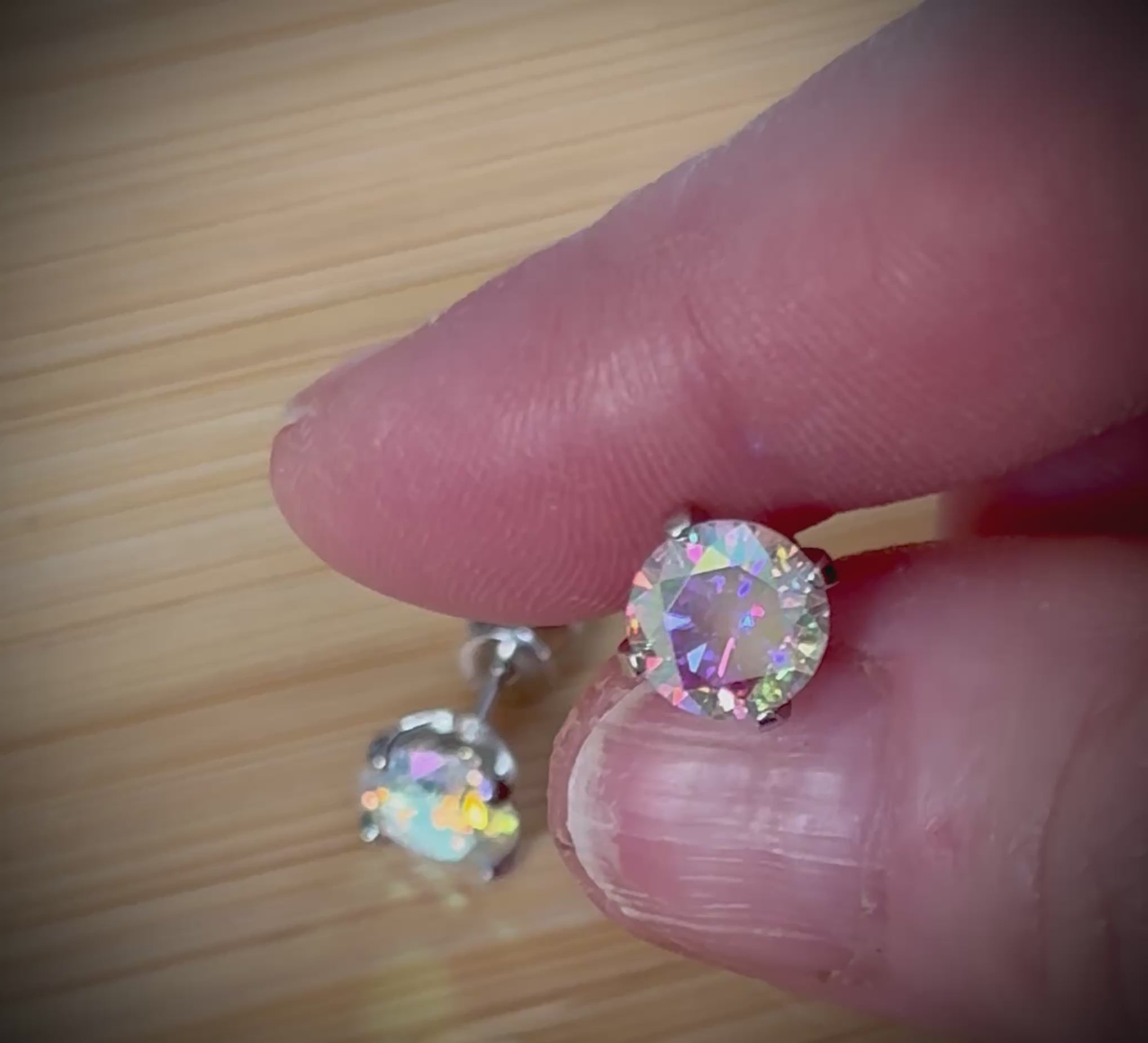 6ctw Moissanite “Kaleidoscope” studs! A pair of colorful, color-shifting, MESMERIZING Moissanite studs, DOUBLE certified and flashy in 18k plated sterling silver!